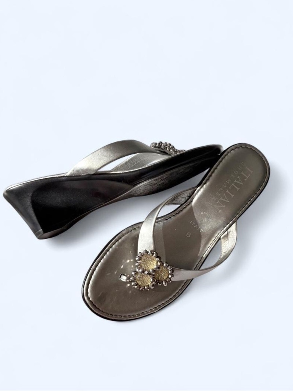 Italian Shoemakers Metallic Silver Wedge Thong Sandals with Jewel Accent